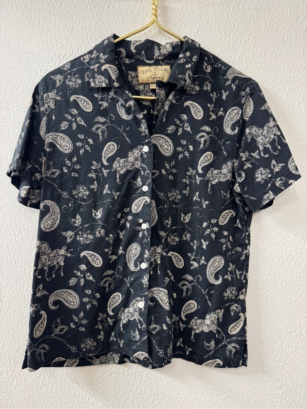 Vintage Bit & Bridle Short-Sleeve Paisley Horse Print Button-Down Shirt - Picture 1 of 8